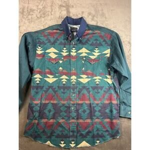Vintage Panhandle Slim Shirt Mens 16 1/2 -34 Large Aztec Southwestern Green Blue